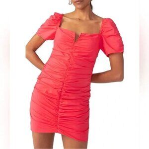 Sanctuary Split Square Neck Short Puffed Sleeve Shirred Poplin Mini Dress